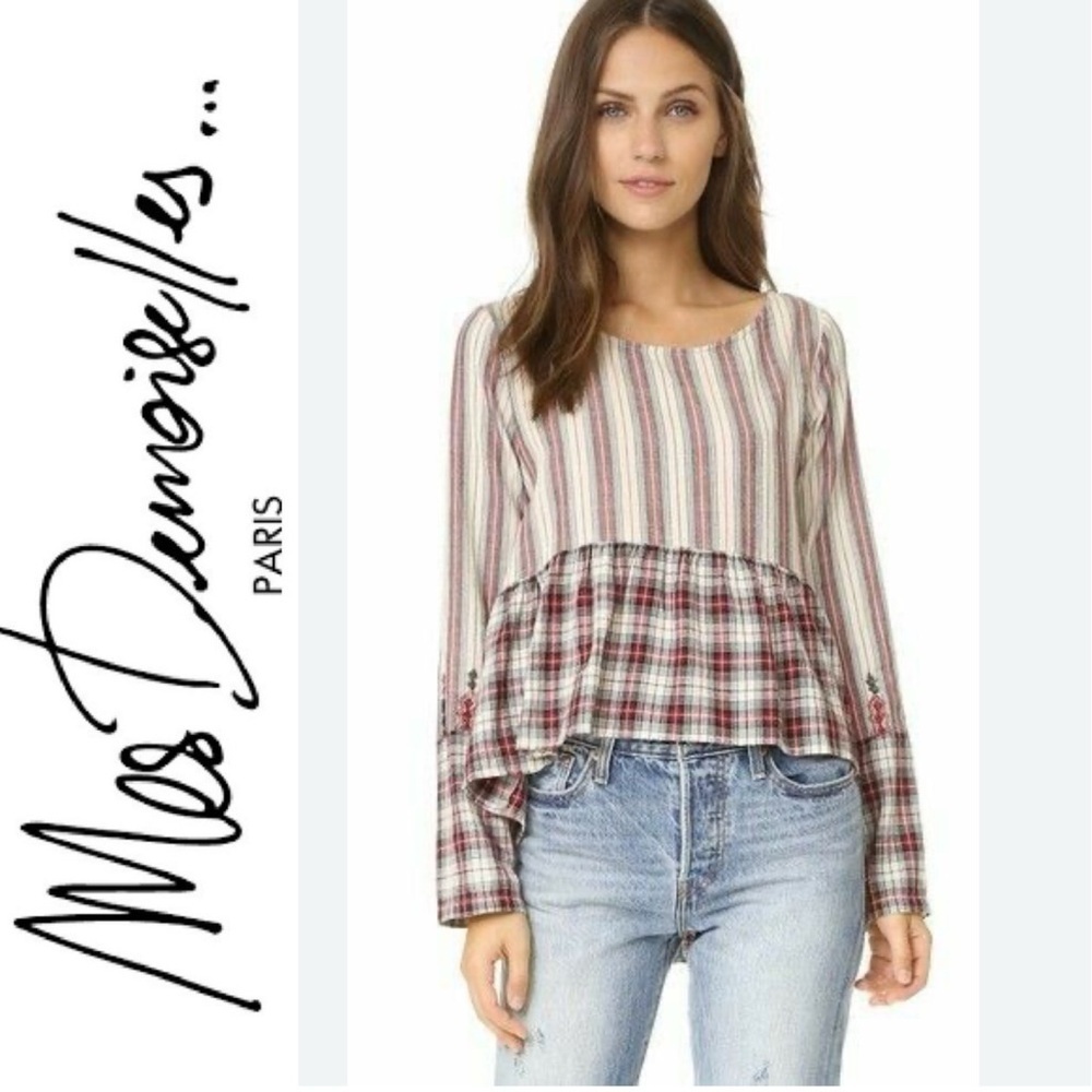 Anthropologie Mes Demoiselles Tisha Tartan Plaid  Brushed  Embroidered Top